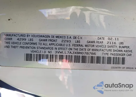 2011 Volkswagen Jetta 2.0L Tdi Le из США, поврежденный, VIN 3VWLL7AJXBM078786